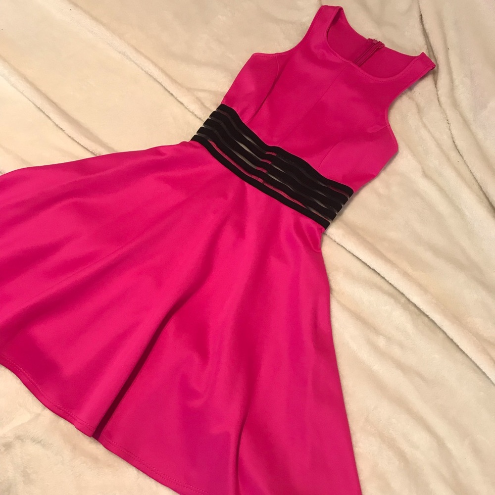 Hot Pink Sheer Striped Cutout Short Dress